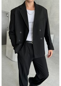 Resim Erkek Oversize Rahat Kalıp Kruvaze Takım Elbise Siyah 