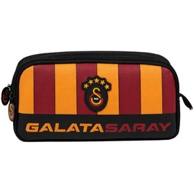 Resim Galatasaray Lisanslı Parçalı Desenli Çift Bölmeli Kalemlik - Rubber Logolu Su İtici Kumaşlı Kalem Kutusu Siyah 