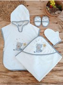 Resim 0-1 Yaş Sevimli Fil Nakışlı Pareolu 4lü Kız Erkek Bebek Havlu Silgi Takımı Ekru Ekru 