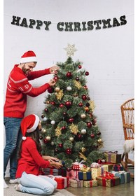 Resim Siyah Happy Christmas Yazılı Banner , Özel Gün, Davet Organizasyonu ,yeni Yıl, Yılbaşı Sofrası, Simli Eva Banner 