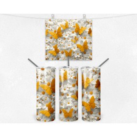 Resim Arzande Sarı Kelebek ve Papatya Desenli Termos Matara 600 ml 