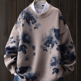 Resim Kadınlar İçin Mürekkep Tarzı Suluboya Çiçek Desenli Kazak, Rahat Yuvarlak Yaka Uzun Kollu Üst 