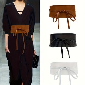 Resim Kadınlar için Şık Yay Bağcıklı Klasik PU Geniş Kemer Vintage Düz Renk Bel Bandı Moda Elbise Kaban Kuşak 