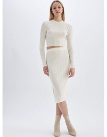 Resim Defacto Coool Slim Fit Dar Kesim Basic Düz Yırtmaçlı Triko Midi Etek A2058AX24AUBG303 Bej 