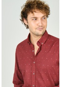 Resim De Leone Erkek Slim Fit Desenli Uzun Kollu %100 Pamuk Gömlek 2045 Kırmızı Kırmızı 