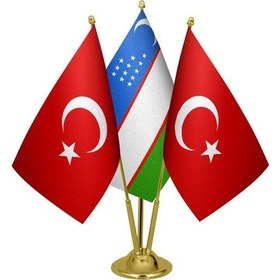 Resim Masa Üstü Özbekistan Bayrağı Türk Bayrağı Üçlü Pirinç Direk Masa 