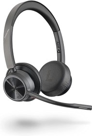 Resim Poly Voyager 4320 UC kablosuz kulaklık ve şarj standı, mikrofon çubuklu binoral kulaklık, Bluetooth üzerinden bilgisayar/cep telefonuna bağlanma, fonksiyon: Takımlar, Zoom 