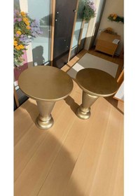 Resim Altın Varakl Renk Ahşap Mantar Sehpa 2 Li Set Yan Sehpa Takımı - Wooden Mushroom Coffee Table Altın 