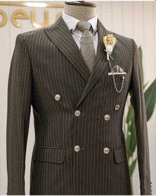 Resim Bys Beystil Sivri Yaka Haki Çizgili Kruvaze Takım Elbise Bezayak036 - Slim Fit 