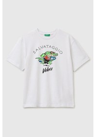 Resim United Colors Of Benetton Erkek Çocuk Ön Baskı Detaylı Bisiklet Yaka T-shirt Beyaz Ekru 6-13 Yaş-2829 