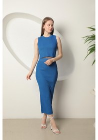 Resim Chıcnhappy Triko Kumaş Croplu Etek Kadın Takım Saks Mavisi - %100 Polyester Saks 
