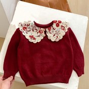 Resim İlkbahar/Sonbahar Yeni Sezon Tatlı Çiçek Desenli Dantel Detaylı Noel Kıyafeti 0-3 Yaş Kız Çocuklar için Triko Kazak, Katmanlama için Rahat ve Çok Yönlü Üst 