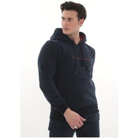 Resim Kanguru Cepli Nakış Yazılı Kapüşonlu 3 Iplik Kışlık Sweat Takım Lacivert Bordo 