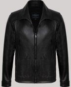 Resim Hakiki Kuzu Derisi Siyah Erkek Mont Gömlek Yaka Düz Kesim Deri Ceket Siyah 