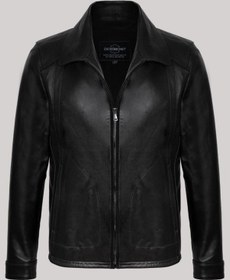 Resim Hakiki Kuzu Derisi Siyah Erkek Mont Gömlek Yaka Düz Kesim Deri Ceket Siyah 
