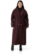 Resim Büyük Beden Deri Biye Detaylı Fleto Cepli Kuşaklı Astarlı Kaşe Uzun Bordo Kaban Bordo 