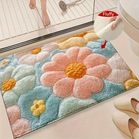 Resim 1 Adet Çiçek Desenli Kaymaz Kapı Paspası - Süper Lif İmitasyon Kaşmir, Emici Hızlı Kuruyan Banyo için TPR Tabanlı, Mutfak ve Giriş Yolu için Makinede Yıkanabilir, Tatil Partisi Dekoru & Hediye, Banyo Matı 