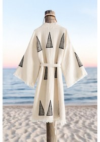 Resim Varol Organik %100 Pamuk Kimono Yaka Sabalık Bornoz Plaj Elbisesi - Piramit - S/m Krem/s/m Krem 