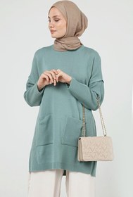 Resim ilmek Kadın Çağla Yeşili Çift Cepli Tesettür Uzun Tesettür Triko Tunik 4305 