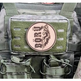 Resim BÖRÜ YAZILI - Deri PEÇ - Arma - Askeri Patch Bej 