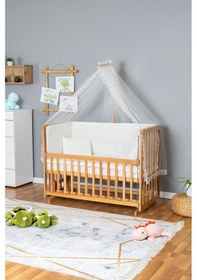 Resim Ahşap Beşik Anne Yanı Beşik Vernikli 60x120 - Krem Güpür Uyku Seti + Yataklı Ahşap 