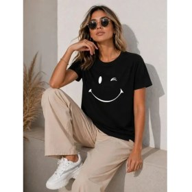 Resim Marsilyan Minimal Gülümseyen Yüz Baskılı Tişört Kısa Kol Yazlık T-Shirt - Siyah 