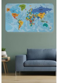 Resim Türkçe Eğitici Ülke Ve Başkent Detaylı Atlası Dünya Haritası Duvar Sticker -60x105-3831 Renkli 