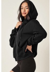 Resim Fermuar Kapüşonlu Sweatshirt Siyah 