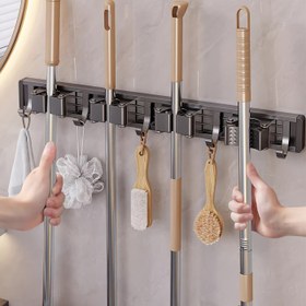 Resim 1 Adet Banyo Depolama Rafı Ayarlanabilir Kancalı Metal Paspas ve Süpürge Tutucu, Ev, Mutfak, Bahçe, Çamaşırhane, Garaj için Duvara Monte Organizatör - Lake Kaplama, Yer Tasarruflu Raflar için Paspaslar, Süpürgeler, Aletler 