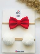 Resim Aressa Kız Bebek Çocuk Pamuklu Kırmızı Fiyonk Ponpon Bandana Saç Bandı Set 