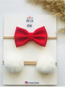 Resim Aressa Kız Bebek Çocuk Pamuklu Kırmızı Fiyonk Ponpon Bandana Saç Bandı Set 