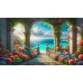 Resim Venspor Renkli Çiçeklerle Süslenmiş Deniz Manzaralı Bahçe Temalı Arkaplan 200 x 150 cm Fon Duvar Örtüsü 