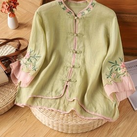 Resim Kadınlar için Vintage Çin Nakışlı Gömlek - Retro Bol Kesim Üç Çeyrek Kollu Yaka ve Fırfırlı Manşetli Bluz, Bahar Yaz Sonbahar İçin Makinede Yıkanabilir Hafif Üst, Günlük Şık Kıyafet | Saten Görünümlü Bitiş, Bayan Bluzları 
