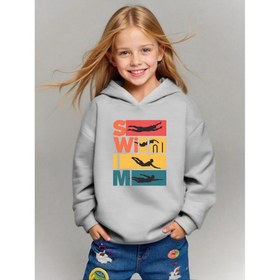 Resim Erkek ve Kız Çocuk Yüzme Temalı Kapüşonlu Sweatshirt - Yüzme Şapkası ve Gözlük Baskılı Sevimli Havuz Tasarımı, Pembe ve Renk Bloklu, Makinede Yıkanabilir (İdeal Hediye), Sonbahar/Kış için Rahat Günlük Kazak 