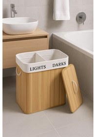 Resim İki Bölmeli Bambu Naturel Çamaşır Sepeti - Mega Katlanabilir Çamaşır Sepeti Ahşap 