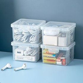 Resim 4'lü Saklama Kutusu Seti - Ofis Masası, Ev ve Garaj için Şeffaf, Toz Geçirmez ve Nemden Koruyan Saklama Kutuları - Kablolar, Şarj Cihazları, Kulaklıklar, Hafıza Kartları, Anahtarlar, Saç Aksesuarları ve Küçük Parçaları Saklamak İçin İdeal 
