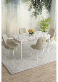 Resim Meri Serisi 80x132 Açılabilir Mdf Beyaz Mermer Desen Masa Takımı 4 Kahve Sandalye Krem 