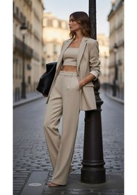 Resim Bol Paça Yüksek Bel Kadın Plazzo Pantalon Krem Bej 