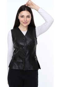 Resim Deriwork Hakiki Deri Siyah Alanzo Düğmeli Kadın Deri Yelek Siyah 