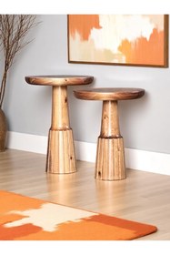 Resim AYLESA Doğal Ahşap 2’li Set Mantar Yan Sehpa Modern Fiskos Zigon Çiçeklik 