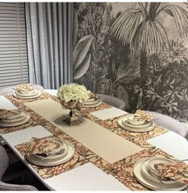 Resim Keten 6 Lı Lalin Desen 6 Amerikan Servis & 1 Runner 6 Peçete Çok Renkli 