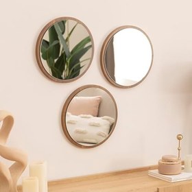 Resim Dfn Wood Kahverengi Mdf 3 Lü Yuvarlak Duvar Salon Banyo Aynası 32 Cm Çap 