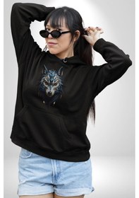 Resim Mavi Kurt Robot Kadın Erkek Siyah Kapüşonlu Sweatshirt Hoodie Siyah 