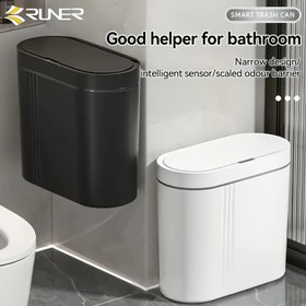 Resim 4.76-Gallon Çok Sıkı Renkli Siyah ve Beyaz Akıllı Duvara Monteli Çöp Kutusu, Kızılötesi Sensör Kapak, Çizgili Dekoratif Tasarım, Büyük Kapasite, Ev Oturma Odaları, Yatak Odaları, Mutfaklar, Banyolar, Ofisler, Yapışkan saç tokası, Oval Şekil, Büyük Kapasite, Hızlı Sensör Cevabı, Pil ile Çalışır - Beyaz ve Siyah Renklerde Mevcut 