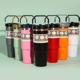 Resim Taşıma Kulplu ve Samanlı 30oz Paslanmaz Çelik Vakumlu Termos Bardak - Dış Aktiviteler, Seyahat ve Hediyeler için Taşınabilir Spor Kupası - Gri, Açık Yeşil, Pembe, Siyah, Kırmızı, Turuncu, Beyaz Renklerde Mevcut, Modern İçecek Kabı, Dayanıklı Termos 