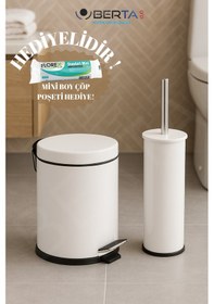 Resim Berta 2'li Beyaz Banyo Seti Çöp Kovası Tuvalet Fırçası - Mini Boy Çöp Poşeti Hediyelidir Beyaz 