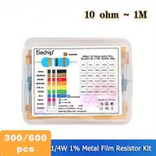 Resim Eiechip 300/600 adet 1/4W Metal Film Direnç Kiti, %1 Tolerans, 30 Direnç Değeri, 10 Ohm'dan 1M'ye, 5 Renk Halka Kodlama, Elektronik Bileşenler Seti DIY Projeleri İçin, Pil Olmadan 