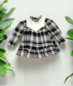 Resim Kız Bebek Yakası Peluş Detaylı Kare Desenli Elbise-14888 Çok Renkli 