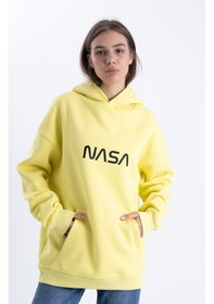 Resim Unisex Nasa Baskı Kapşonlu Sweatshirt Sarı 