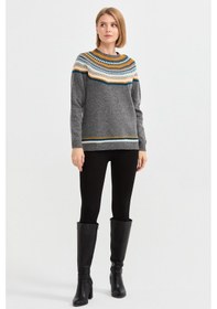 Resim Desen Triko Kadın Sıfır Yaka İşleme Desenli Yün Kazak 0242086 Füm Füme 